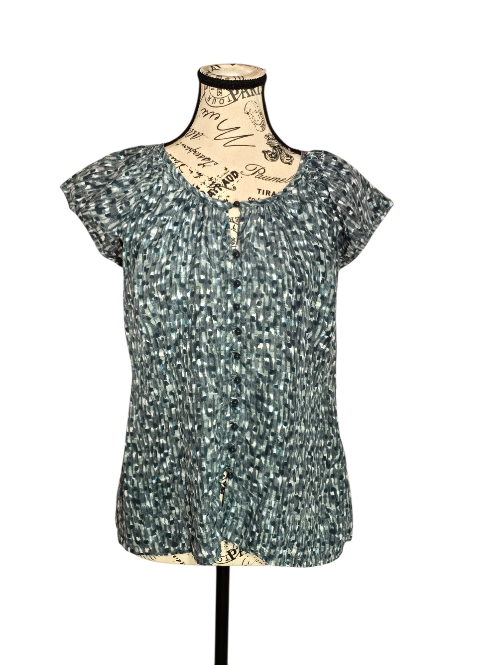 Banana Republic Blue Patterned Cap-Sleeve Button Blouse